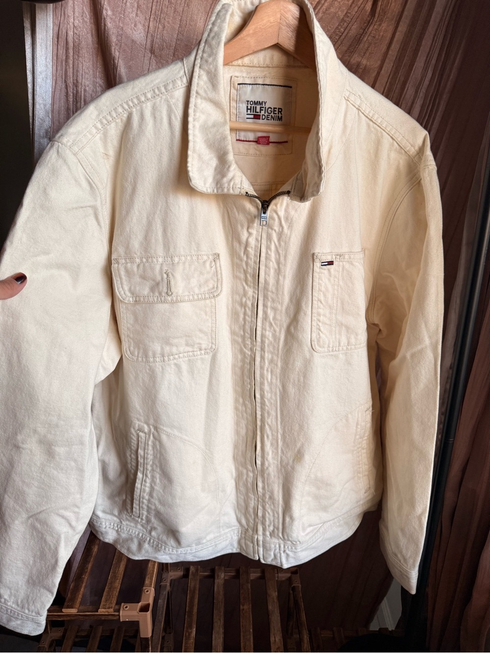 Tommy Hilfiger Denim Zip Up Utility Jacket Cream Off-White Men's XXL